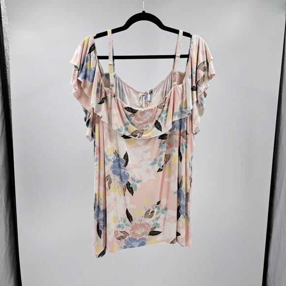 Torrid Top Plus 3X Floral Super Soft Cold Shoulder Ruffle Flutter Sleeve Peach‎ - Picture 7 of 9